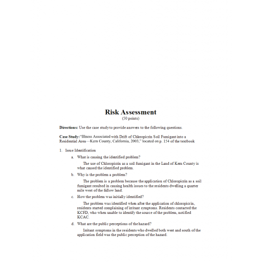 HLT 555 Week 3 Assignment, Risk Assessment 2
