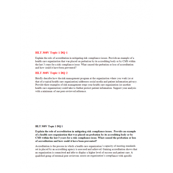 HLT 308V Topic 1 DQ 1 and 2 HLT 308V Topic 1 DQ 1 and 2