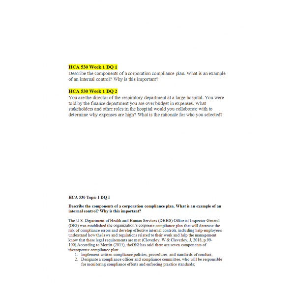 HCA 530 Topic 1 Discussion Question 1 and 2 HCA 530 Topic 1 Discussion Question 1 and 2