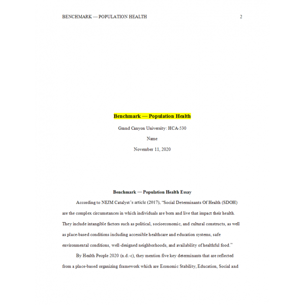 HCA 530 Topic 8 Benchmark Assignment, Population Health HCA 530 Topic 8 Benchmark Assignment, Population Health