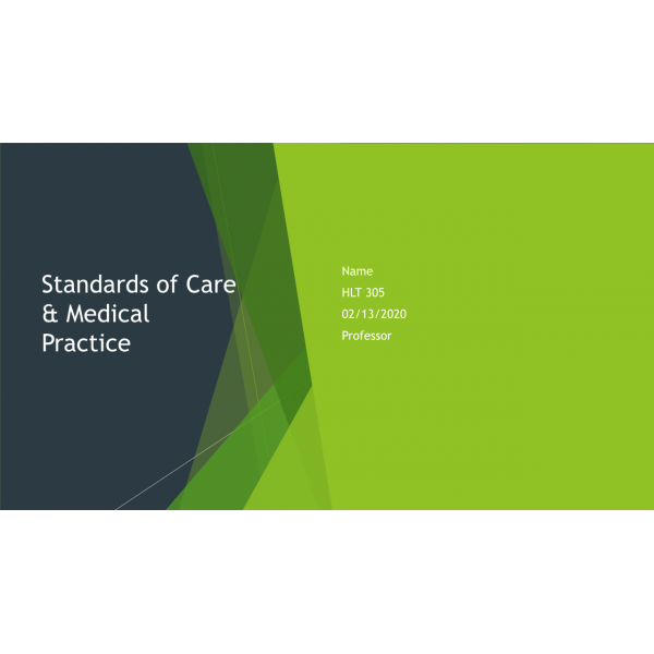 HLT 305 Topic 2 Assignment, Standards of Care and Medical Practice Presentation