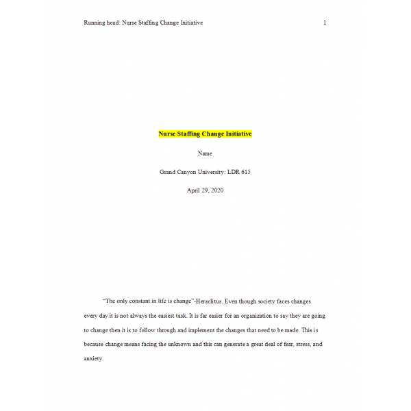 LDR 615 Topic 8 Benchmark Assignment, Change Initiative, Implementation, Evaluation and Sustainability Nurse Staffing LDR 615 Topic 8 Benchmark Assignment, Change Initiative, Implementation, Evaluation and Sustainability Nurse Staffing