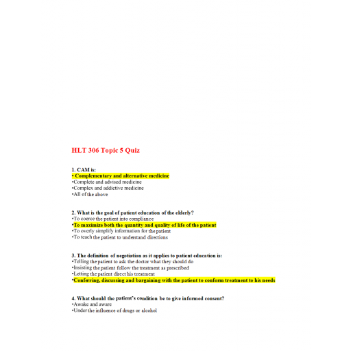 HLT 306V Topic 5 Quiz 2