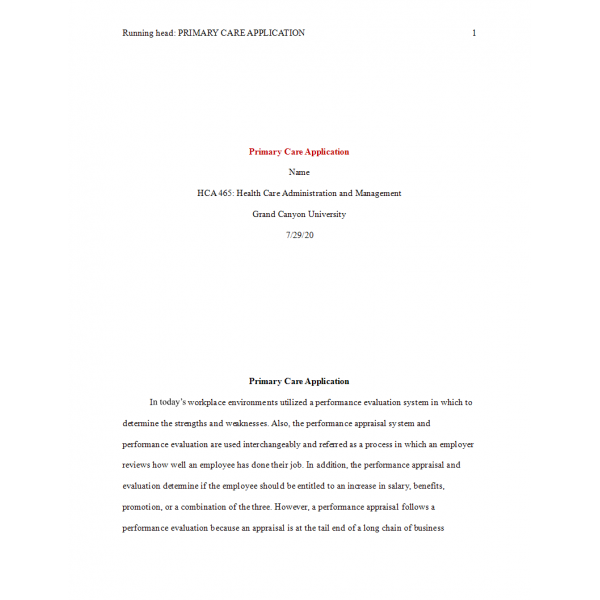 HCA 465 Topic 7 Assignment, Primary Care Application