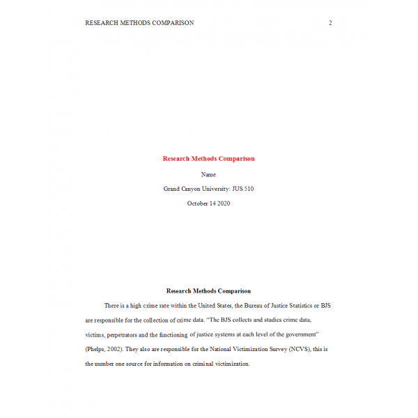 JUS 510 Week 1 Assignment, Research Methods Comparision