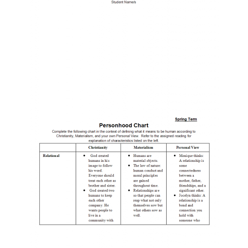 HLT 302 Week 3 Assignment; Personhood Chart
