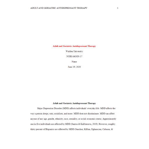 NURS 6630N Week 3 Assignment, Adult and Geriatric Antidepressant Therapy