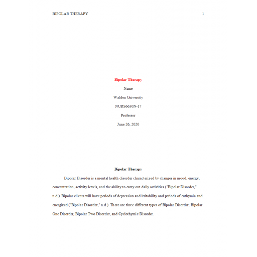 NURS 6630N Week 4 Assignment, Bipolar Therapy