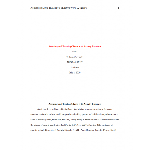 NURS 6630N Week 5, Assessing and Treating Clients with Anxiety Disorders