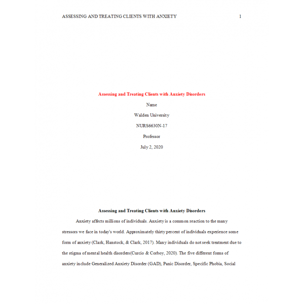 NURS 6630N Week 5, Assessing and Treating Clients with Anxiety Disorders