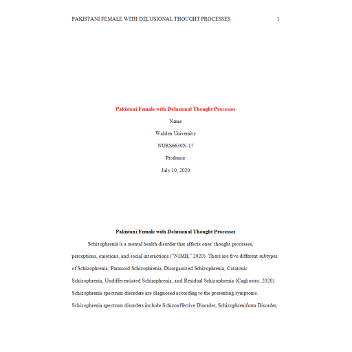 NURS 6630N Week 6 Assgnment, Pakistani Female with Delusional Thought Processes