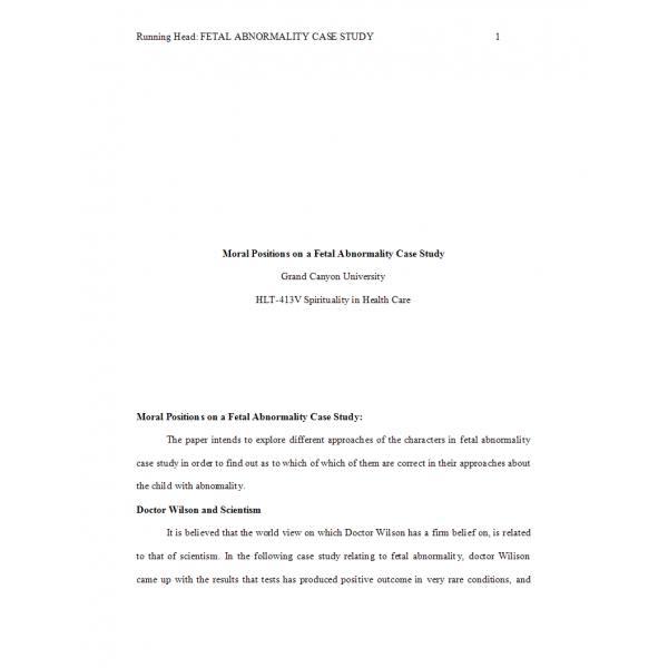 PHI 413V Topic 2 Assignment, Case Study on Moral Status - Fetal Abnormality 2