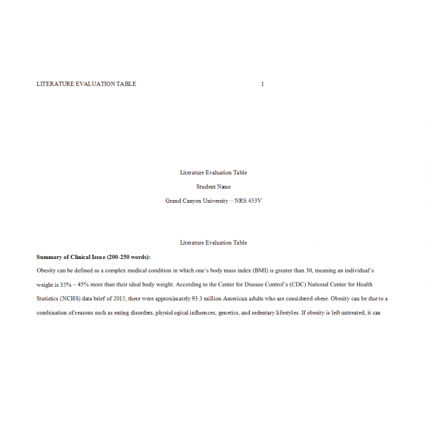 NRS 433V Week 1 Assignment, Literature Evaluation Table 2 (Obesity) NRS 433V Week 1 Assignment, Literature Evaluation Table 2 (Obesity)