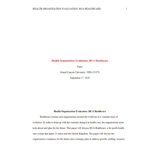 NRS 451VN Week 5 Assignment, Health Organization Evaluation - HCA Healthcare