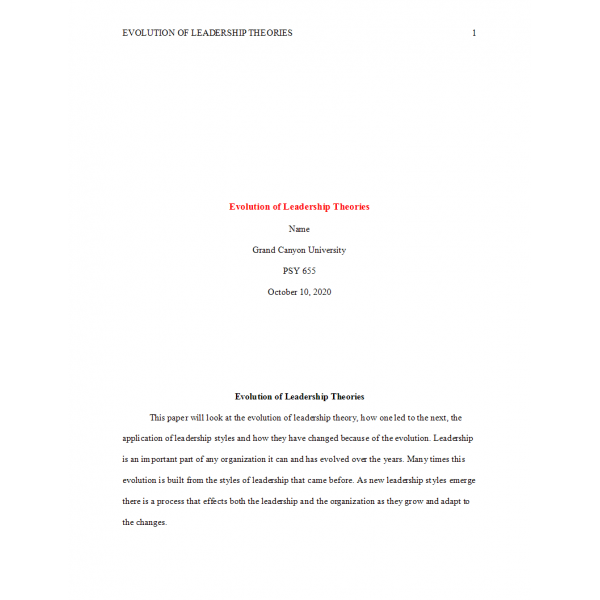 PSY 655 Week 1 Assignment, Evolution of Leadership Theories