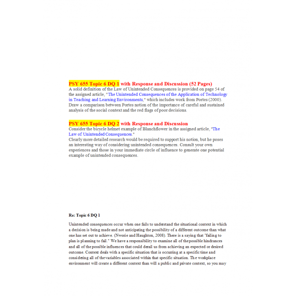 PSY 655 Week 6 Discussion 1 and 2 with Answers