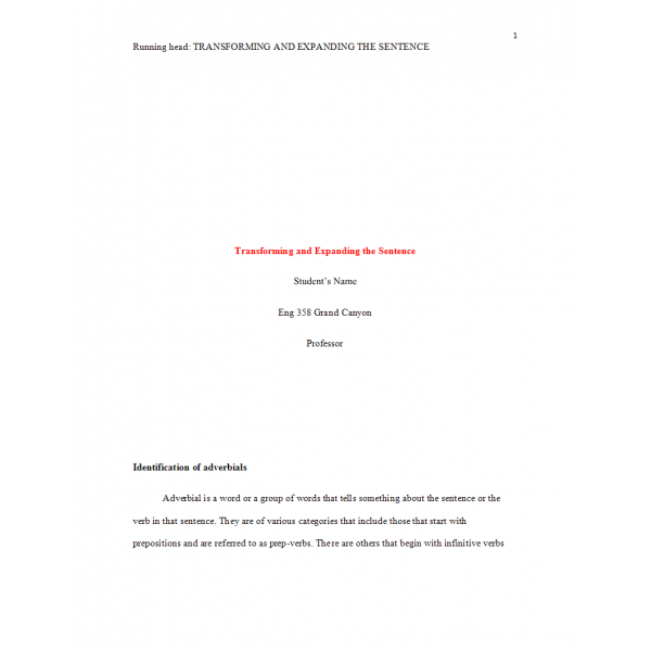 ENG 358 Week 6 Benchmark Assignment - Transforming and Expanding the Sentence, Nominals, Adverbials, and Adjectivals