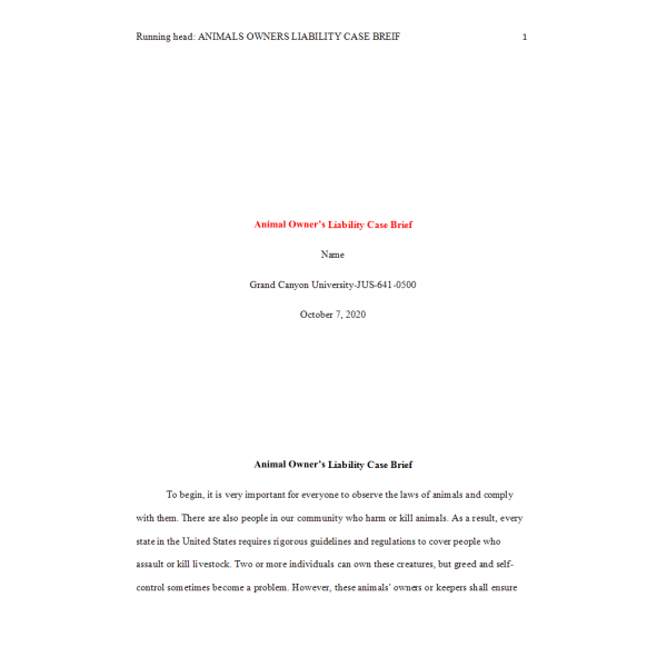 JUS 641 Topic 1 Assignment, Case Brief Owner Liability