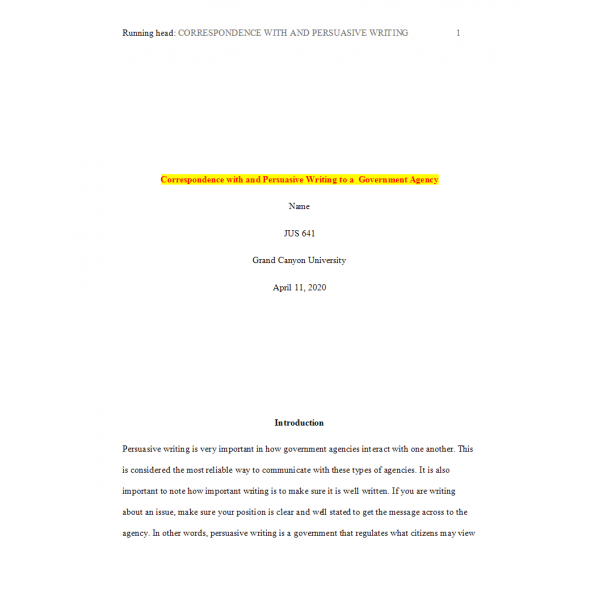 JUS 641 Topic 5 Assignment, Correspondence with and Persuasive Writing to a Government Agency