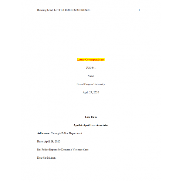 JUS 641 Topic 6 Benchmark Assignment, Letter Correspondence