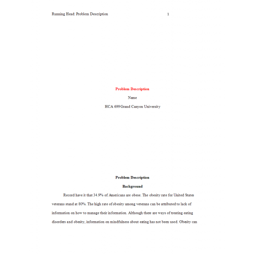 HCA 699 Week 2 Section A, Problem Description