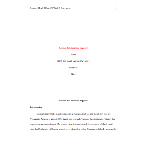 HCA 699 Week 3 Section B Literature Support