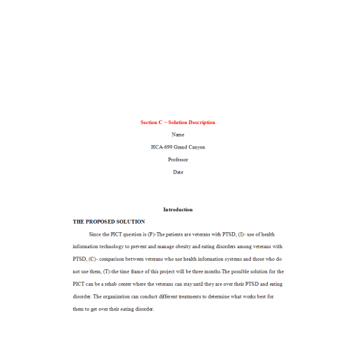 HCA 699 Week 4 Section C, Solution Description