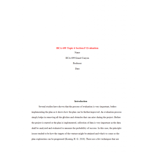 HCA 699 Week 6 Assignment, Section F - Evaluation