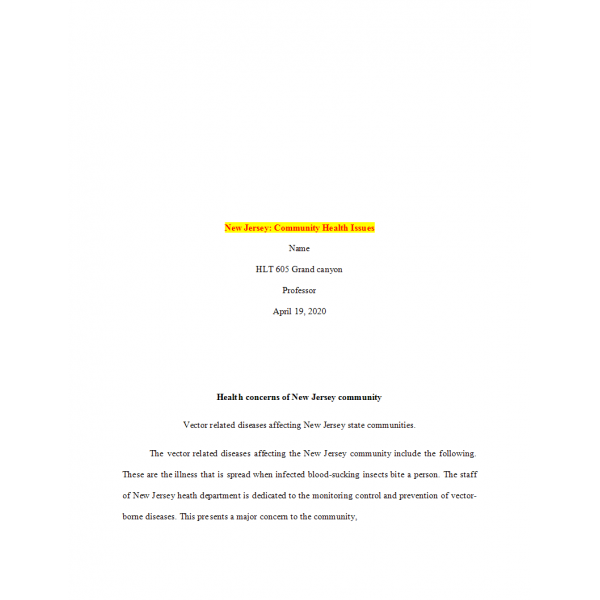 HLT 605 Week 8 Assignment, Community Prevention - New Jersey Community