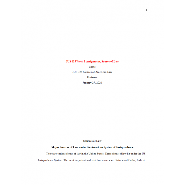 JUS 635 Topic 1 Week 1 Assignment, Source of Law: