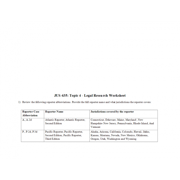 JUS 635 Topic 4 Week 4 Legal Research Worksheet 1