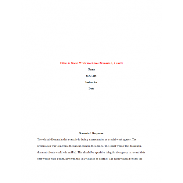 SOC 445 Week 2 Assignment, Ethics in Social Work Worksheet