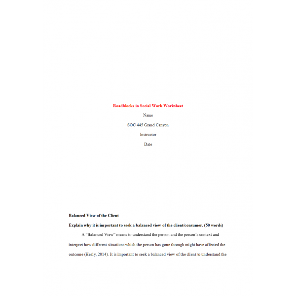 SOC 445 Week 4 Assignment, Roadblocks in Social Work Worksheet