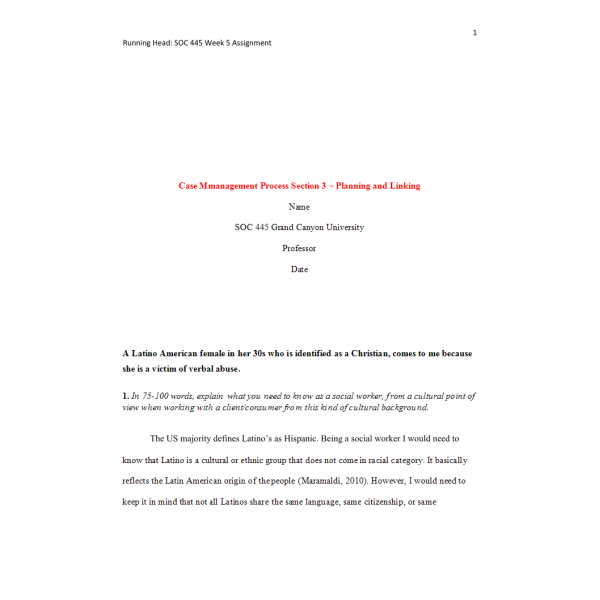 SOC 445 Week 5 Assignment 1, Case Management Process Section 3 Planning and Linking SOC 445 Week 5 Assignment 1, Case Management Process Section 3 Planning and Linking