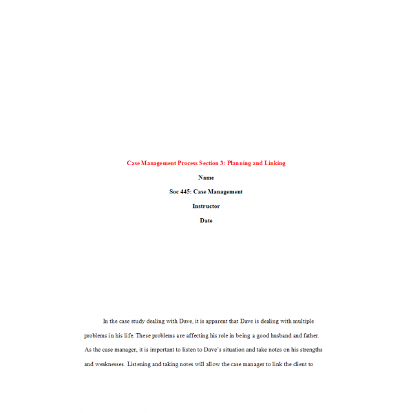 SOC 445 Week 5 Assignment, Case Management Process Section 3 - Planning and linking SOC 445 Week 5 Assignment, Case Management Process Section 3 - Planning and linking
