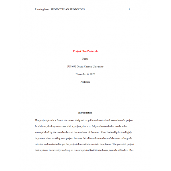 JUS 655 Topic 5 Assignment, Project Plan Protocols JUS 655 Topic 5 Assignment, Project Plan Protocols
