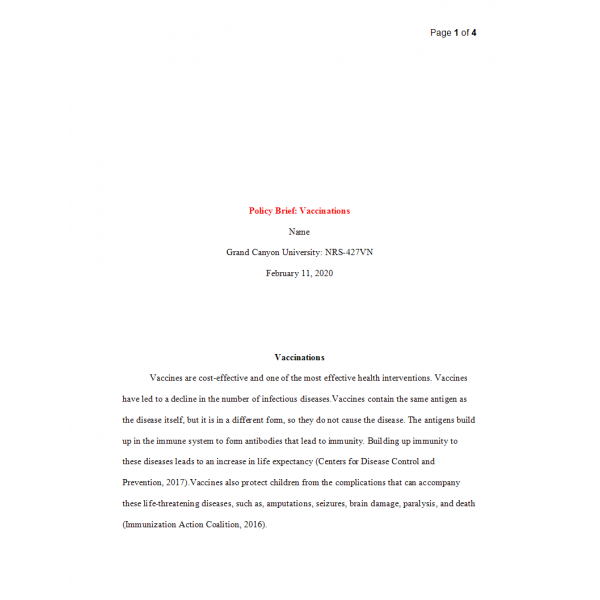 NRS 427VN Topic 4 Policy Brief Paper - Vaccinations