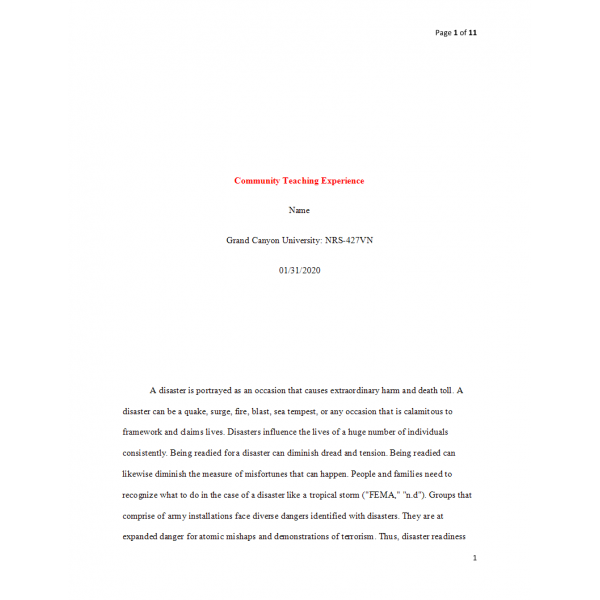 NRS 427VN Topic 5 Assignment 1, Community Teaching Experience and Observations (Disaster Readiness) NRS 427VN Topic 5 Assignment 1, Community Teaching Experience and Observations (Disaster Readiness)