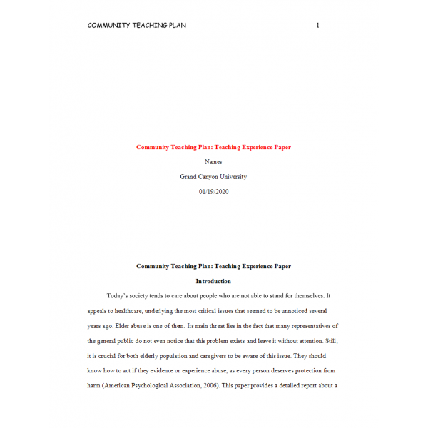 NRS 427VN Topic 5 Assignment 3, Community Teaching Plan Teaching Experience Paper (Elder Abuse)