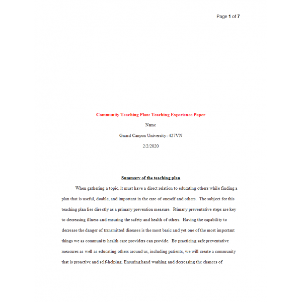 NRS 427VN Topic 5 Assignment, Community Teaching Plan -Teaching Experience Paper - Hand Washing