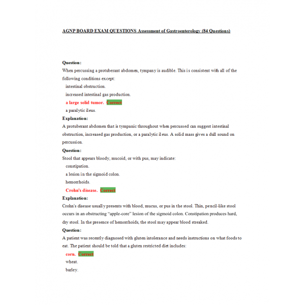 AGNP Board Exam Question and Answers - Gastroenterology Assessment AGNP Board Exam Question and Answers - Gastroenterology Assessment