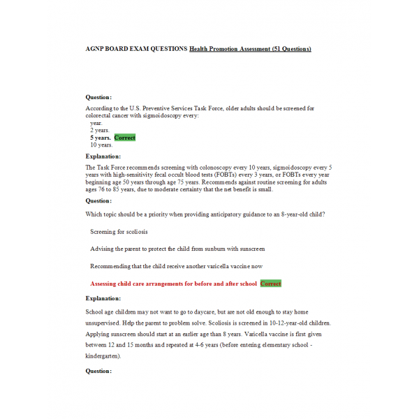 AGNP Board Exam Question and Answers - Health Promotion Assessment AGNP Board Exam Question and Answers - Health Promotion Assessment