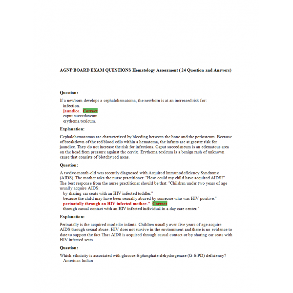 AGNP Board Exam Question and Answers - Hematology Assessment AGNP Board Exam Question and Answers - Hematology Assessment