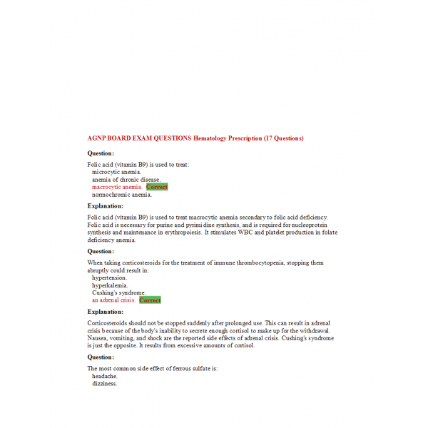AGNP Board Exam Question and Answers - Hematology Prescription AGNP Board Exam Question and Answers - Hematology Prescription