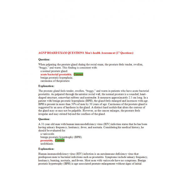 AGNP Board Exam Question and Answers - Mens Health Assessment AGNP Board Exam Question and Answers - Mens Health Assessment