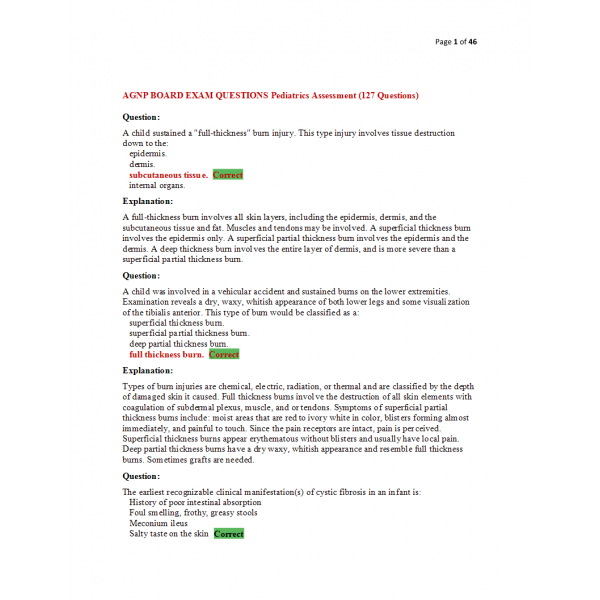 AGNP Board Exam Question and Answers - Pediatrics Assessment AGNP Board Exam Question and Answers - Pediatrics Assessment