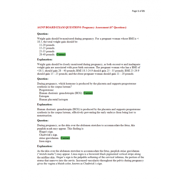 AGNP Board Exam Question and Answers - Pregnancy Assessment AGNP Board Exam Question and Answers - Pregnancy Assessment