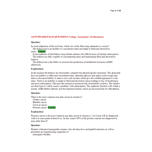 AGNP Board Exam Question and Answers - Urology Assessment AGNP Board Exam Question and Answers - Urology Assessment