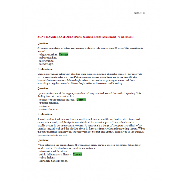 AGNP Board Exam Question and Answers - Womens Health Assessment AGNP Board Exam Question and Answers - Womens Health Assessment