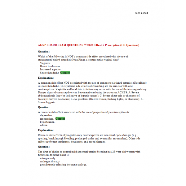 AGNP Board Exam Question and Answers - Womens Health Prescription AGNP Board Exam Question and Answers - Womens Health Prescription